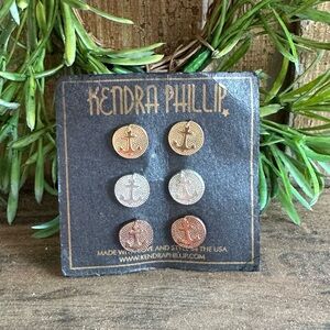 Kendra Phillip Nautical Anchor Stud Earrings Set of 3 Gold Solver Copper NWT